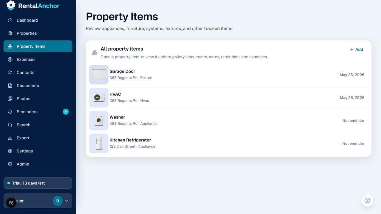 RentalAnchor property items page showing tracked garage doors, HVAC, washers, and refrigerators