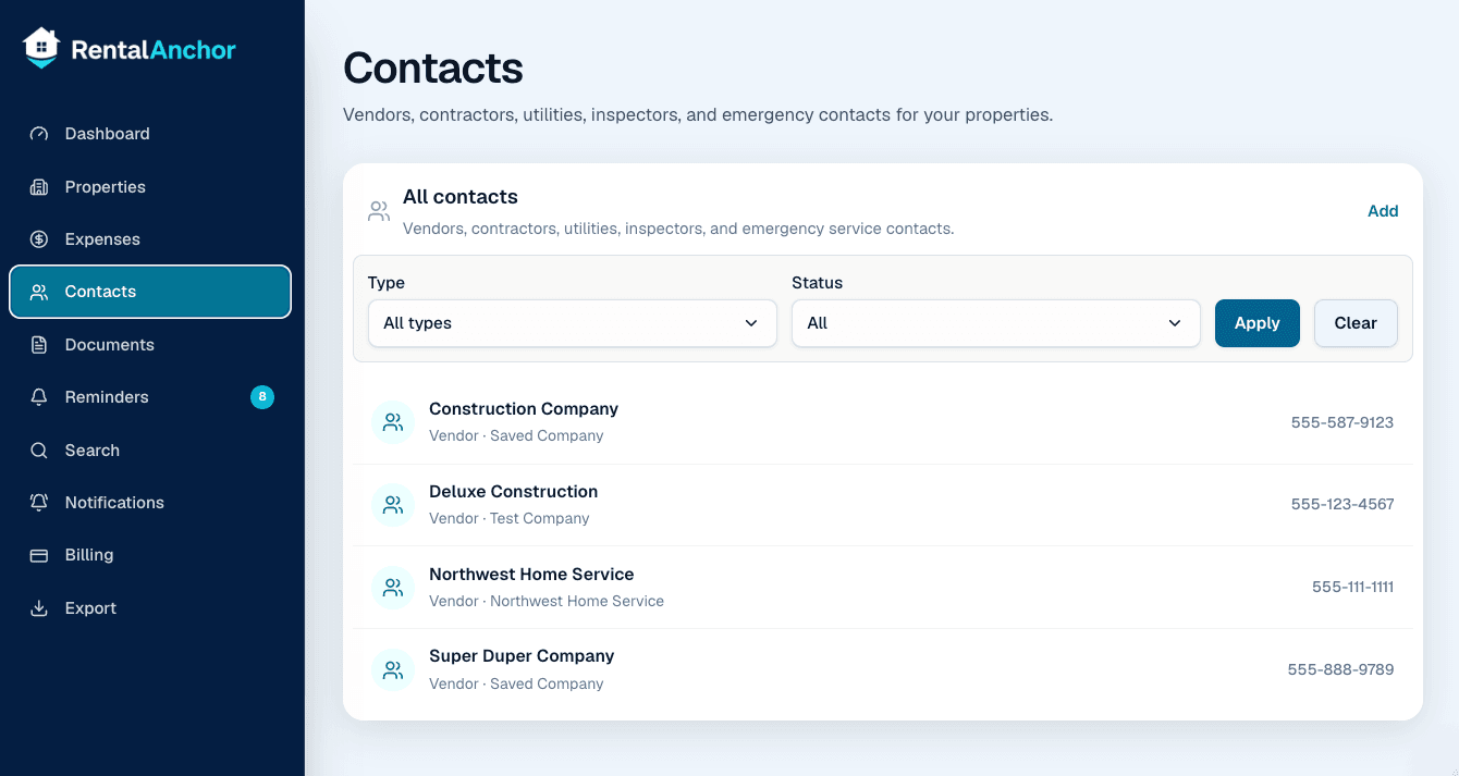 RentalAnchor contacts page showing vendors, contractors, utilities, inspectors, and emergency contacts