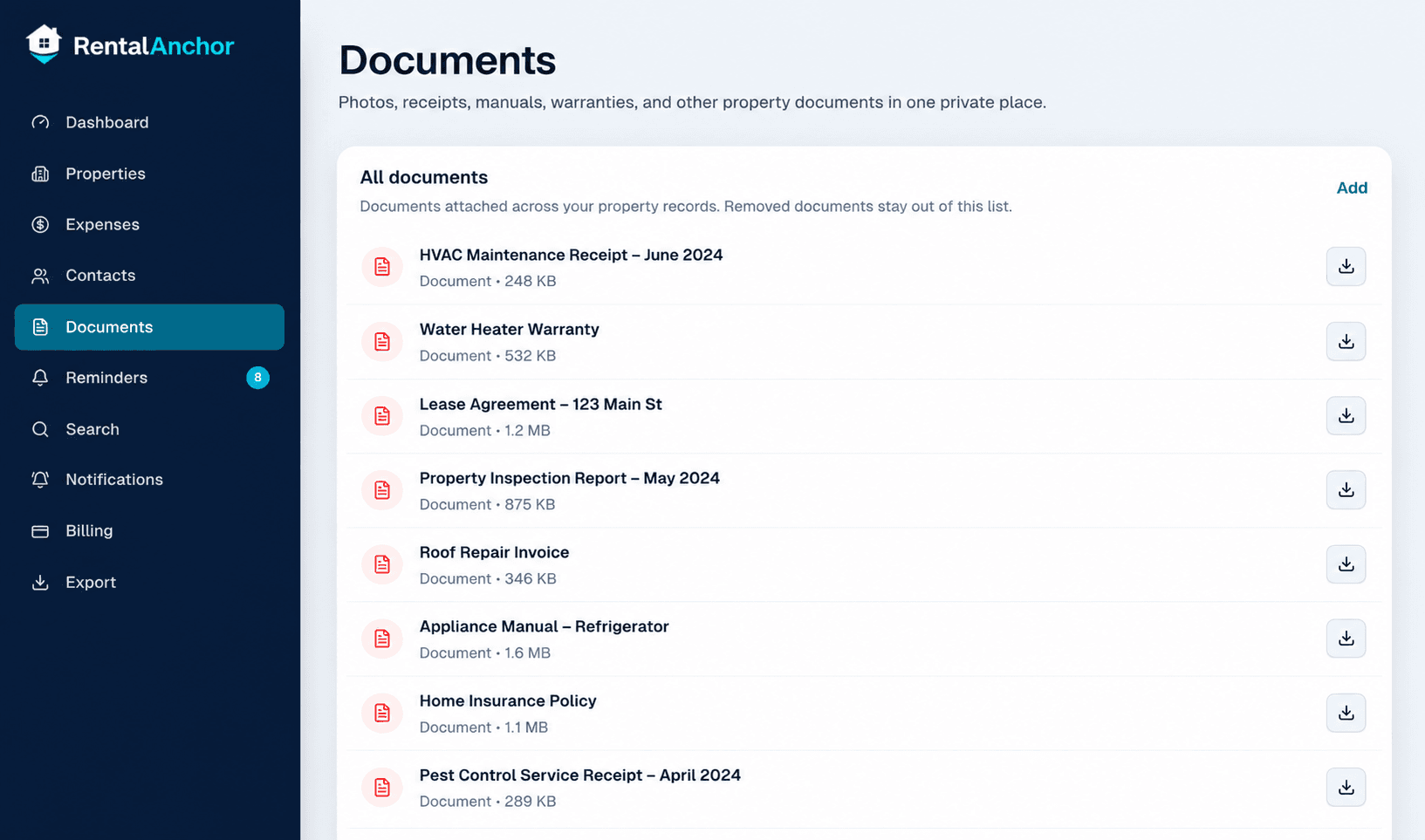 RentalAnchor documents page listing property receipts, warranties, manuals, and reports