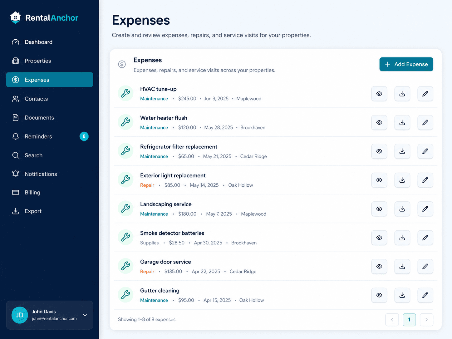 RentalAnchor expenses page showing repair and service costs by property