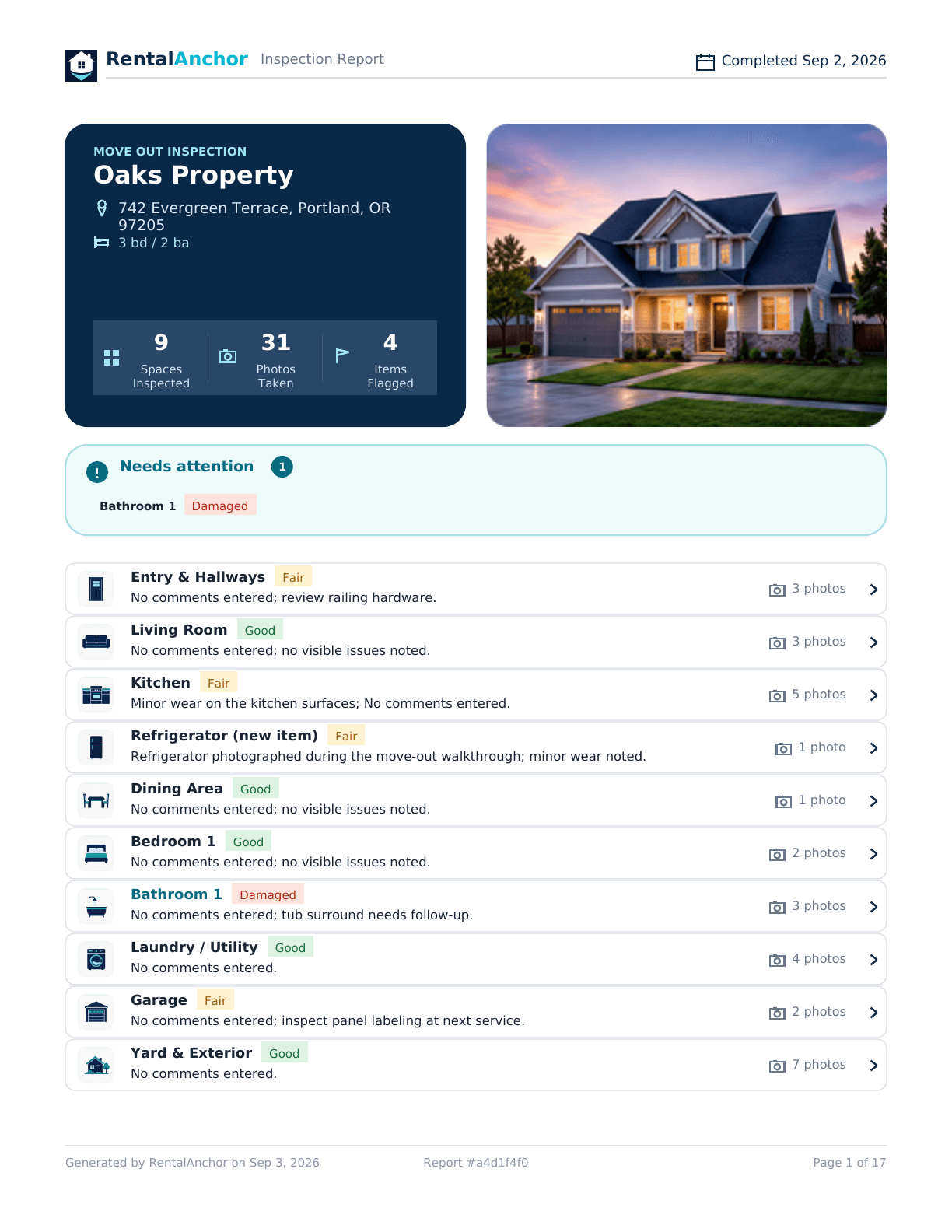 RentalAnchor completed property inspection report showing room conditions, flagged findings, and photo counts