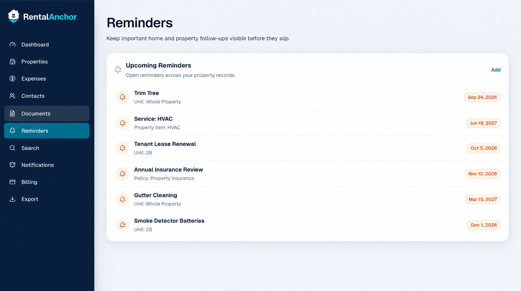RentalAnchor reminders page showing upcoming property maintenance reminders