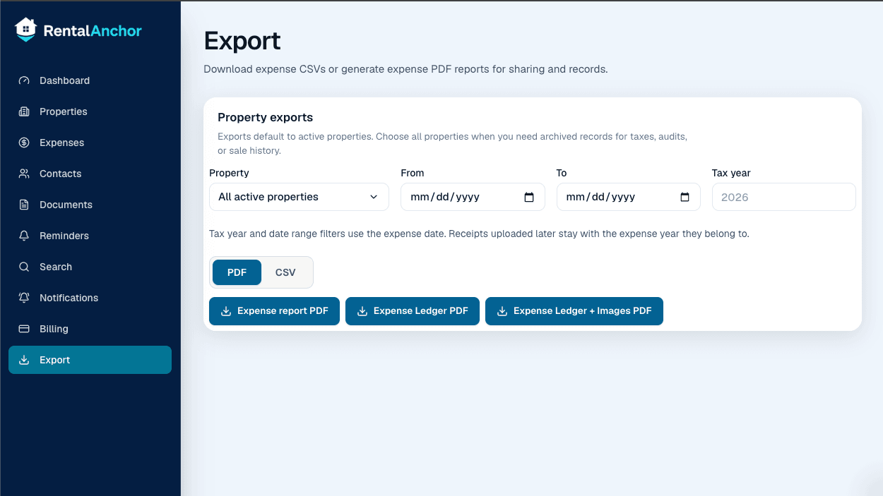 RentalAnchor export page for downloading property expense reports
