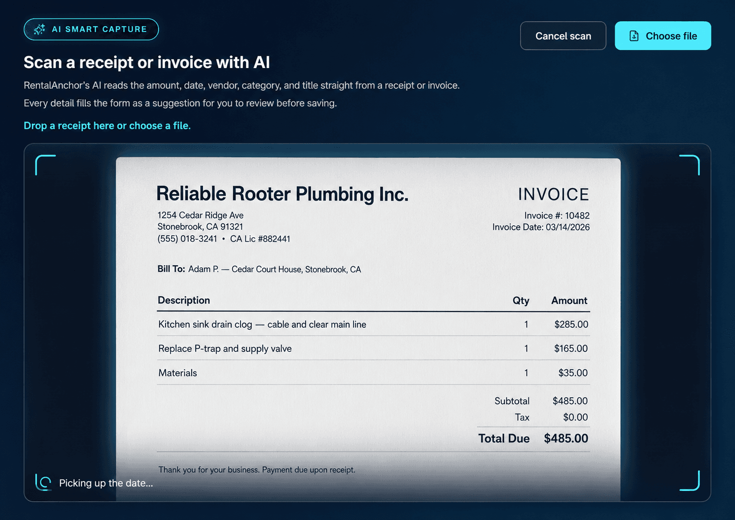 RentalAnchor Smart Capture scanning a receipt or invoice with AI