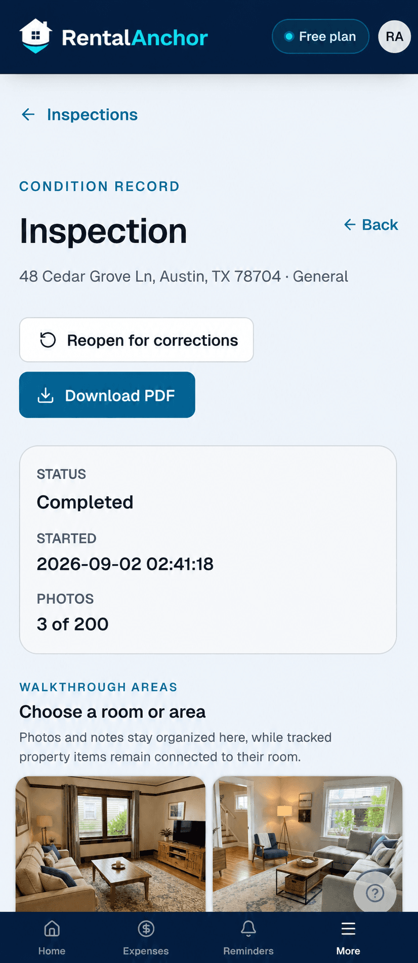 Fictional RentalAnchor mobile inspection detail screen with spaces ready to review