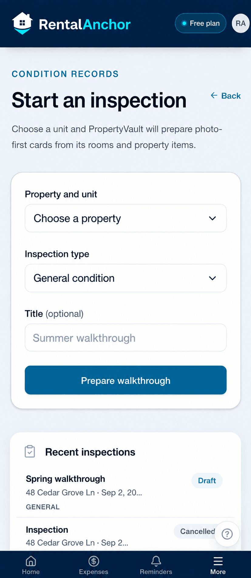 Fictional RentalAnchor mobile inspection setup screen