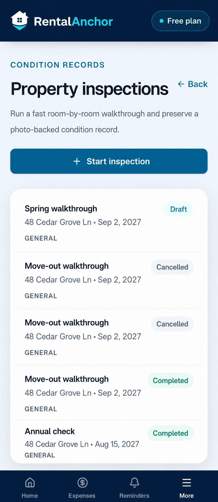Fictional RentalAnchor mobile inspections list showing inspection records