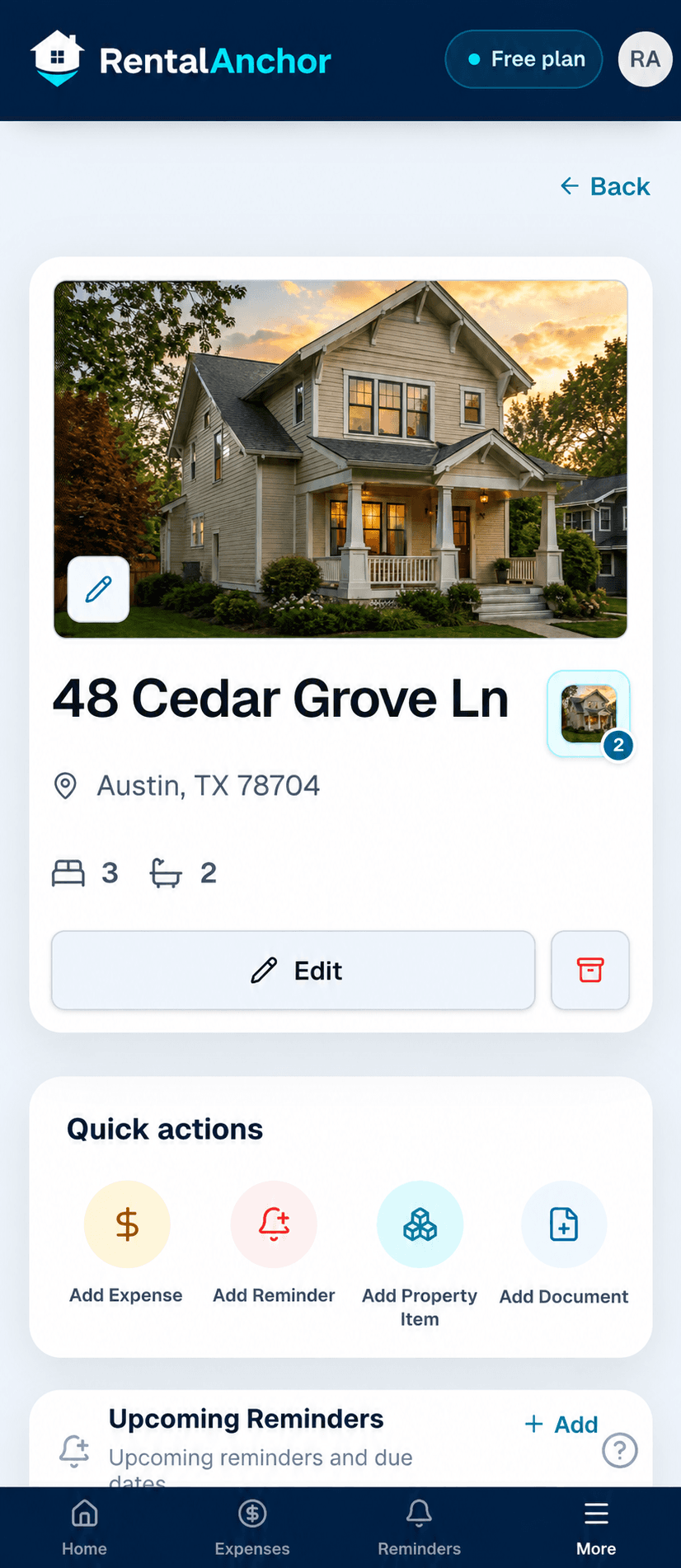 Fictional RentalAnchor mobile property page showing the property record and connected spaces